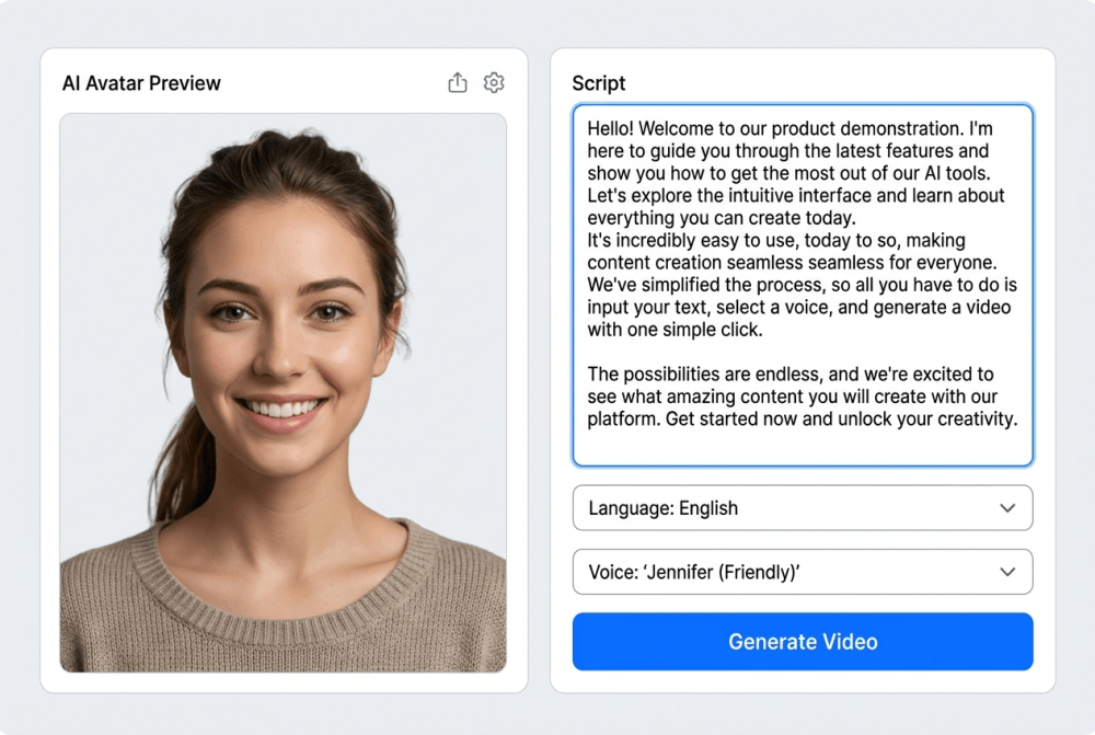AI avatar generator interface showing script input and voice selection.