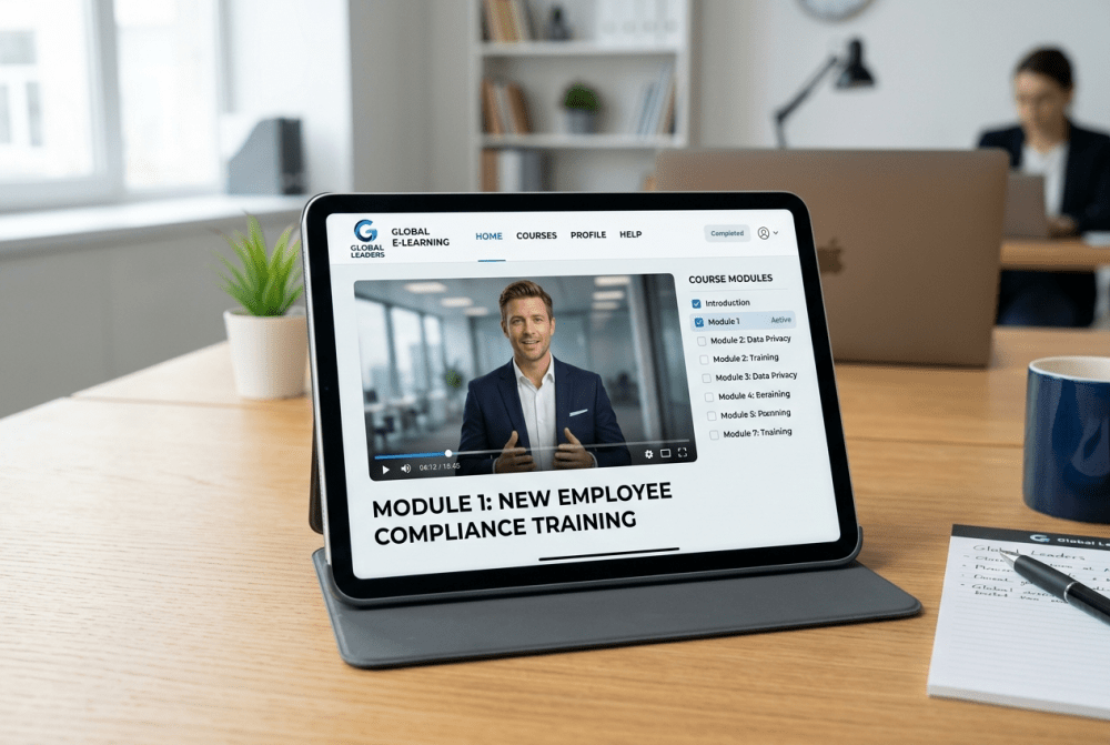 AI avatar delivering an employee training module on a tablet screen.
